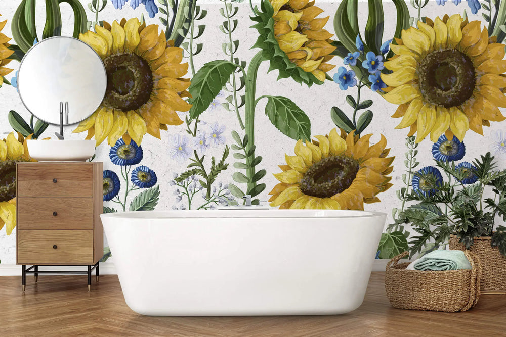 Tapet personalizat floral cu floarea soarelui si flori albastre salbatice de nu ma uita pe un fundal alb texturat wild sunflower