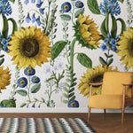 Tapet personalizat floral cu floarea soarelui si flori albastre salbatice de nu ma uita pe un fundal alb texturat wild sunflower