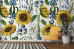 Tapet personalizat floral cu floarea soarelui si flori albastre salbatice de nu ma uita pe un fundal alb texturat wild sunflower
