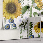 Tapet personalizat floral cu floarea soarelui si flori albastre salbatice de nu ma uita pe un fundal alb texturat wild sunflower