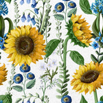 Tapet personalizat floral cu floarea soarelui si flori albastre salbatice de nu ma uita pe un fundal alb texturat wild sunflower