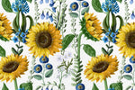 Tapet personalizat floral cu floarea soarelui si flori albastre salbatice de nu ma uita pe un fundal alb texturat wild sunflower
