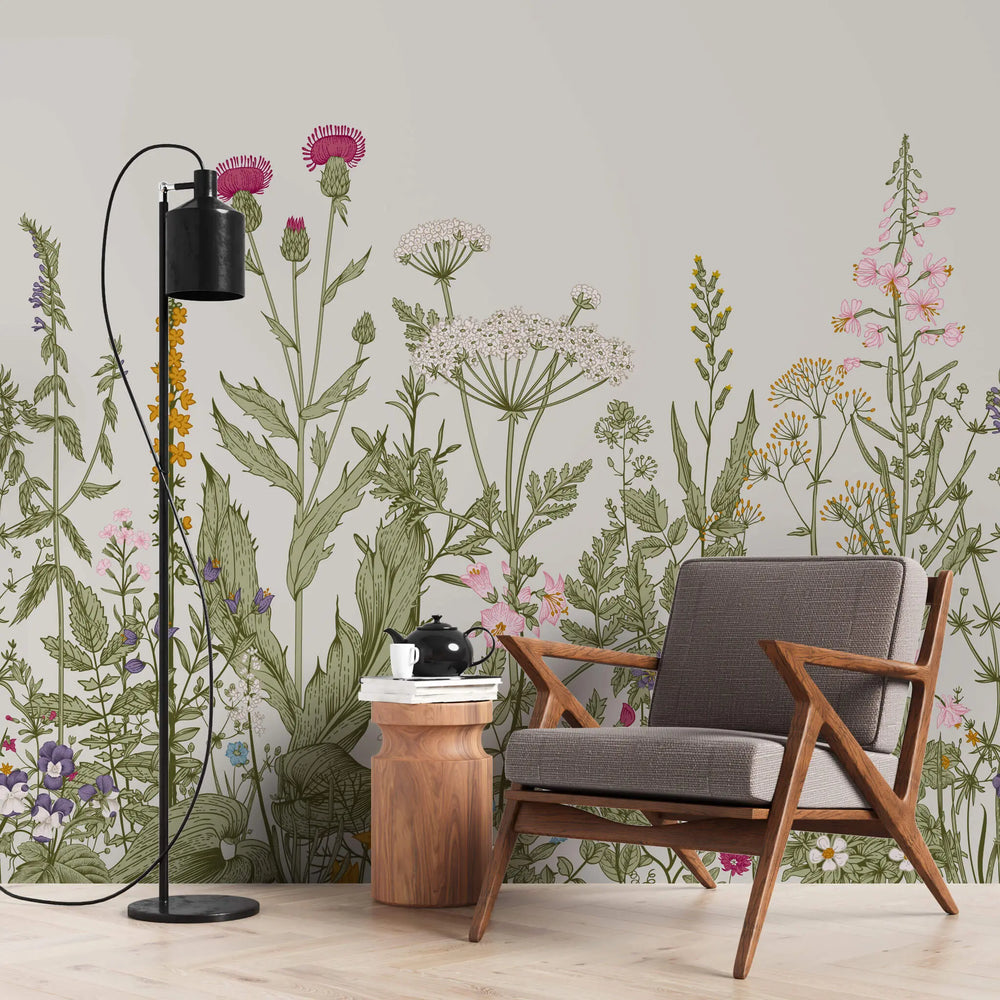 Tapet personalizat floral cu floarea soarelui si flori albastre salbatice de nu ma uita pe un fundal alb texturat wild flowers