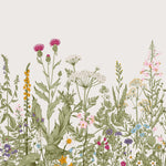 Tapet personalizat floral cu floarea soarelui si flori albastre salbatice de nu ma uita pe un fundal alb texturat wild flowers