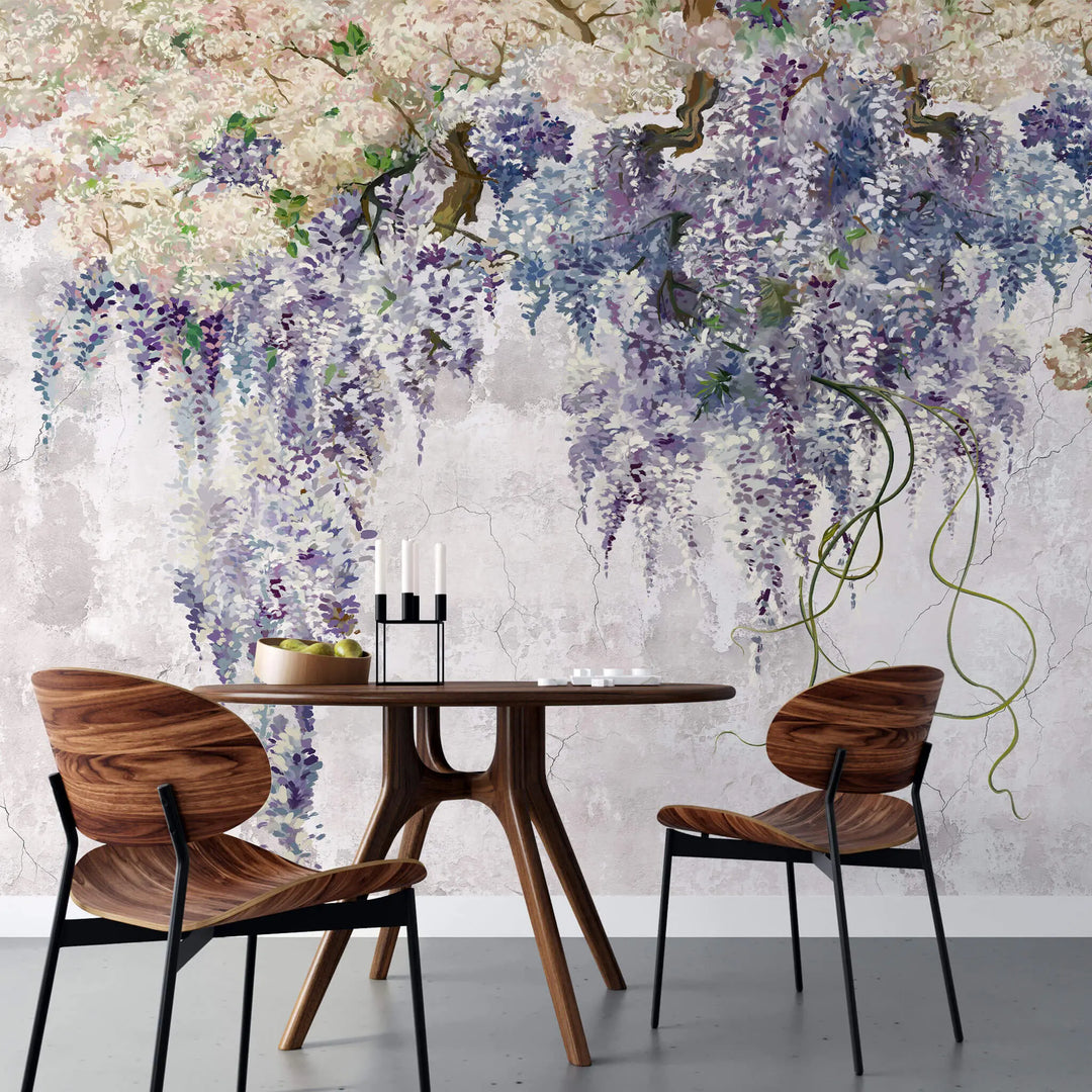 Tapet personalizat floral cu arborele wisteria in nuante de mov si rozaliu raspandit pe un perete de beton wisteria wall