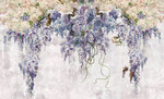 Tapet personalizat floral cu arborele wisteria in nuante de mov si rozaliu raspandit pe un perete de beton wisteria wall
