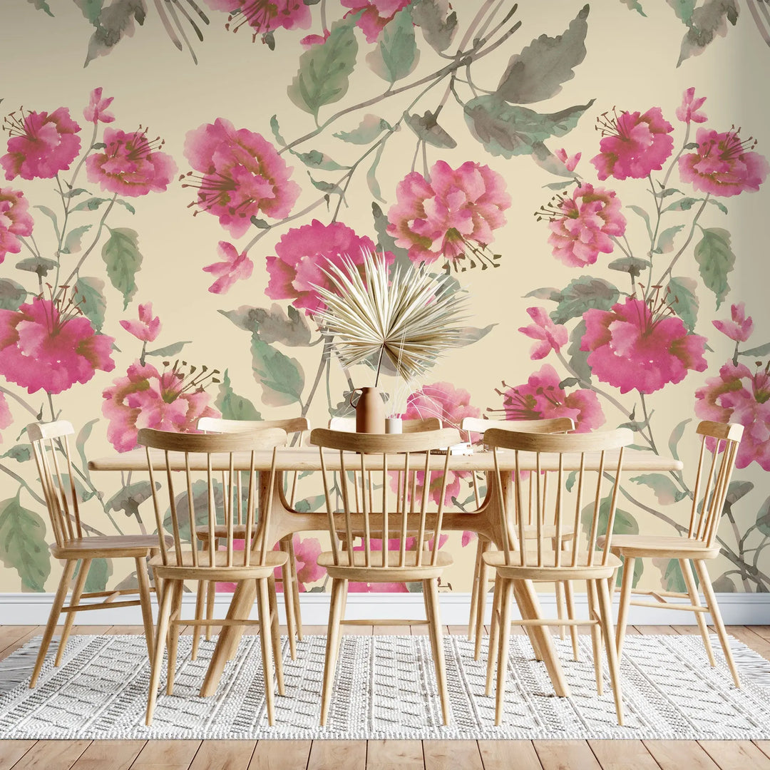 Tapet personalizat floral cu flori de hibiscus in stil retro retro hibiscus