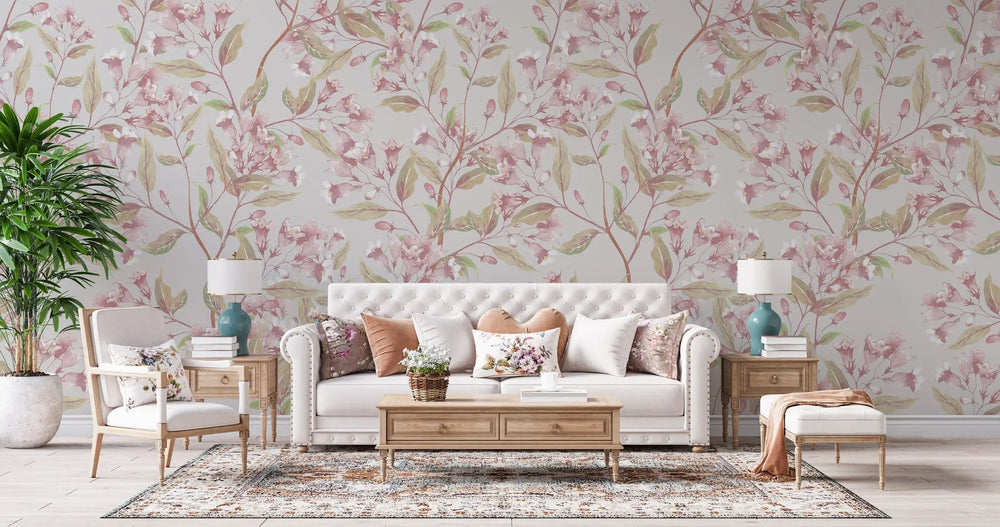 Tapet personalizat floral cu flori de jacaranda roz pe un fundal bej pink jacaranda