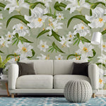Tapet personalizat floral cu crini albi pe un fundal verde green lily