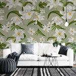 Tapet personalizat floral cu crini albi pe un fundal verde green lily