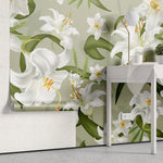 Tapet personalizat floral cu crini albi pe un fundal verde green lily