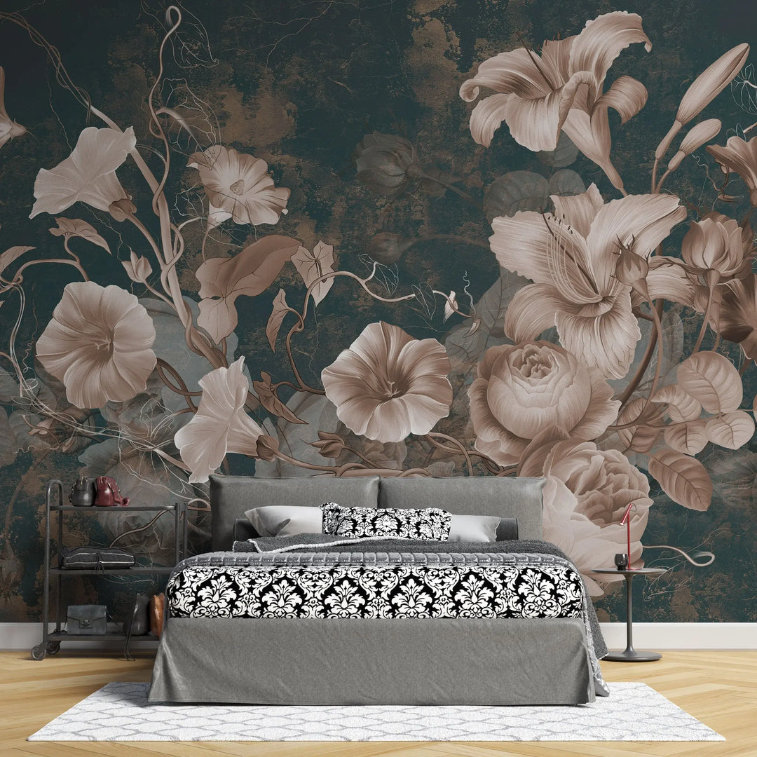 Tapet personalizat floral cu flori in stil clasicist pe un fundal inchis classy floral