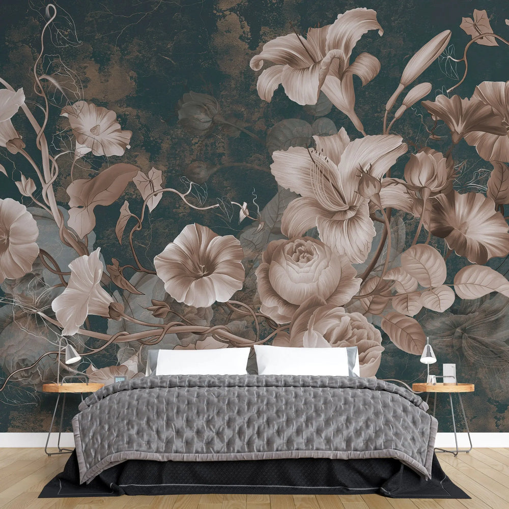 Tapet personalizat floral cu flori in stil clasicist pe un fundal inchis classy floral