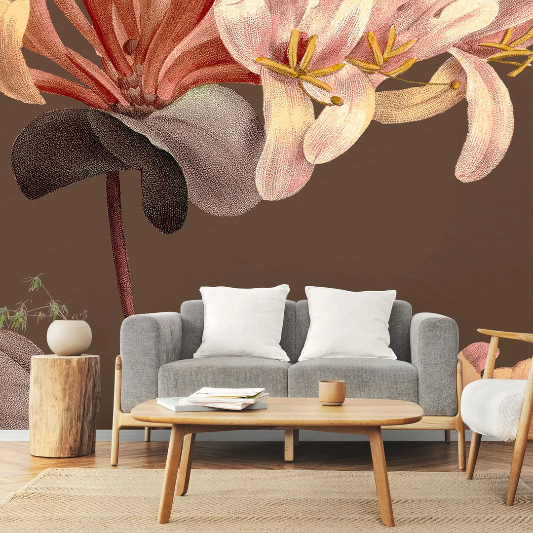 Fototapet personalizat floral cu flori texturate pe un fundal maro textured flowers