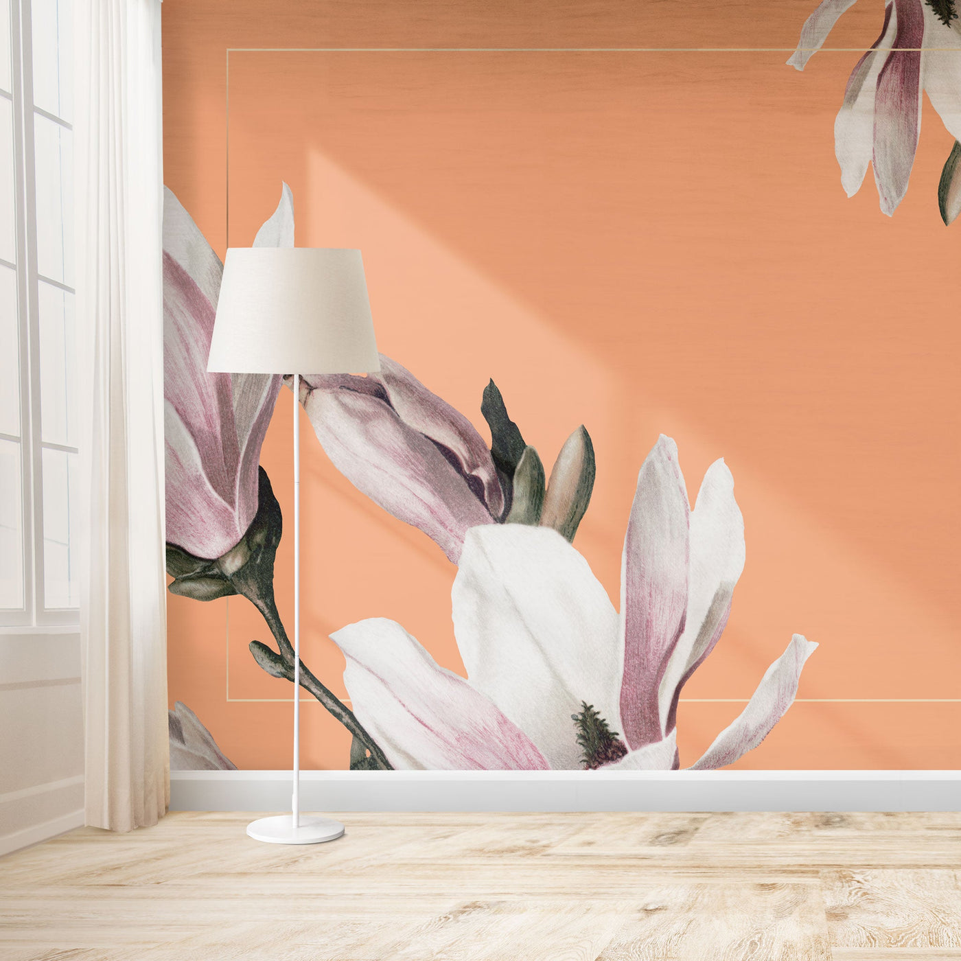 fototapet-personalizat-floral-cu-flori-de-magnolie-in-rama-aurie-subtire-si-pe-un-fundal-oranj-framed-magnolia