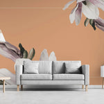 Tapet personalizat floral cu flori de magnolie in rama aurie subtire si pe un fundal oranj framed magnolia