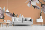 Tapet personalizat floral cu flori de magnolie in rama aurie subtire si pe un fundal oranj framed magnolia