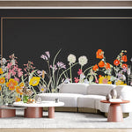 Tapet personalizat floral cu flori in culori vivide cu rama aurie subtire pe un fundal negru black farmed flowers