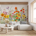 Tapet personalizat floral cu flori in culori vivide pe un fundal alb vivid field flowers