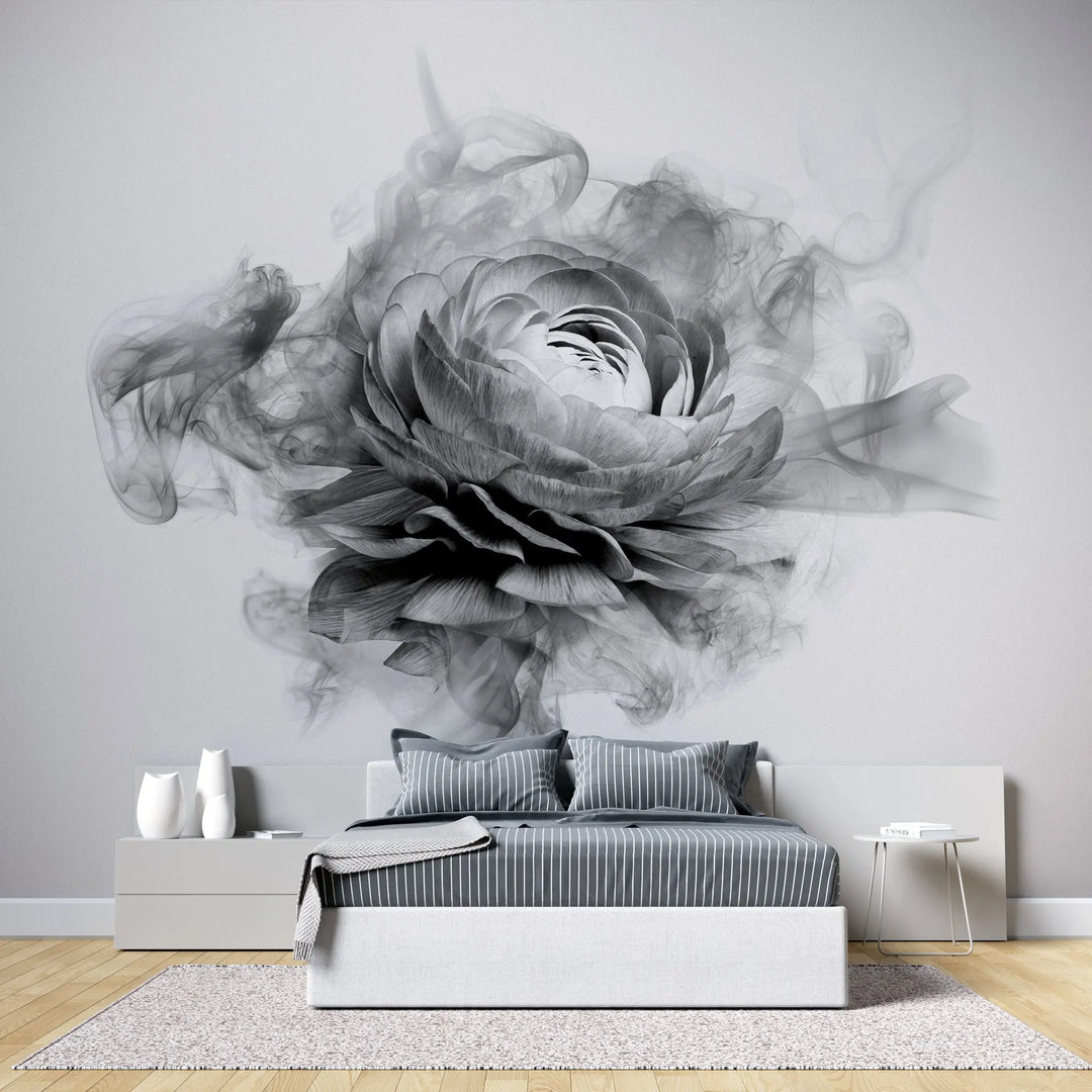 Tapet personalizat floral cu bujor in alb negru fumuriu smokey peony