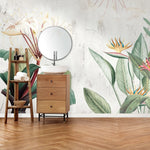 Tapet personalizat floral cu pasarea paradisului pe un perete in nunte deschise concrete bird of paradise