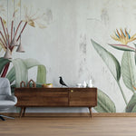 Tapet personalizat floral cu pasarea paradisului pe un perete in nunte deschise concrete bird of paradise