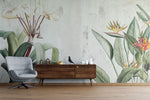 Tapet personalizat floral cu pasarea paradisului pe un perete in nunte deschise concrete bird of paradise