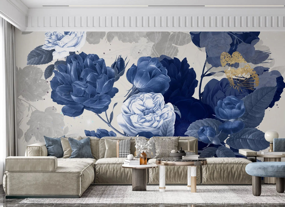 Tapet personalizat floral cu trandafiri albastri pe un fundal alb blue roses