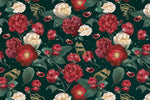 Tapet personalizat floral cu flori si frunze in nuante aprinse de rosu si verde crimson green