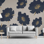 Tapet personalizat floral cu flori albastre cu pistil auriu sclipitor blue&glitter