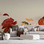 Tapet personalizat floral cu petale de flori suflate in vant pe un fundal bej petals in the wind