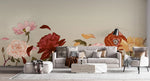 Tapet personalizat floral cu petale de flori suflate in vant pe un fundal bej petals in the wind