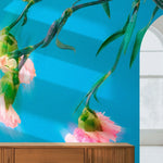 Tapet personalizat floral cu garoafe roz sterse pe un fundal turcoaz intens smudged carnations