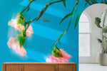 Tapet personalizat floral cu garoafe roz sterse pe un fundal turcoaz intens smudged carnations