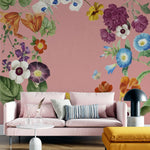 Tapet personalizat floral cu flori vesele si colorate pe un fundal roz joyful pink
