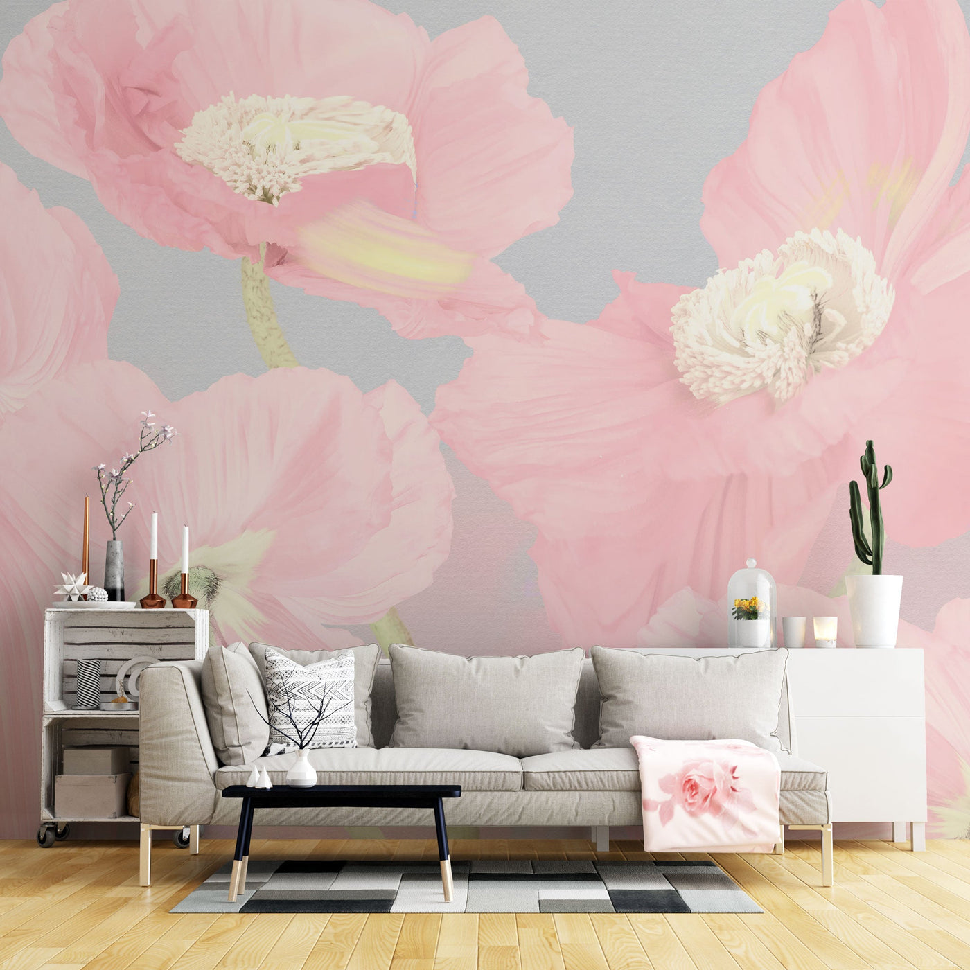 fototapet-personalizat-floral-cu-flori-de-mac-roz-pastel-pe-un-fundal-gri-pink-poppy