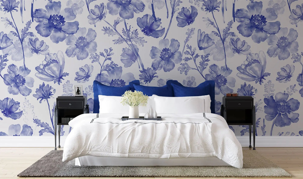 Tapet personalizat floral cu flori albastre de primavara pe un fundal alb blue spring