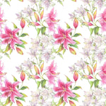 Tapet personalizat floral cu flori de crin roz pe un fundal alb pink lilies