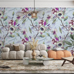 Tapet personalizat floral cu flori nocturne in nuante de mov pe un fundal albastru pal night flowers