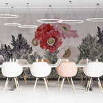 Tapet personalizat floral cu camp de flori de mac rosii si roz poppy field