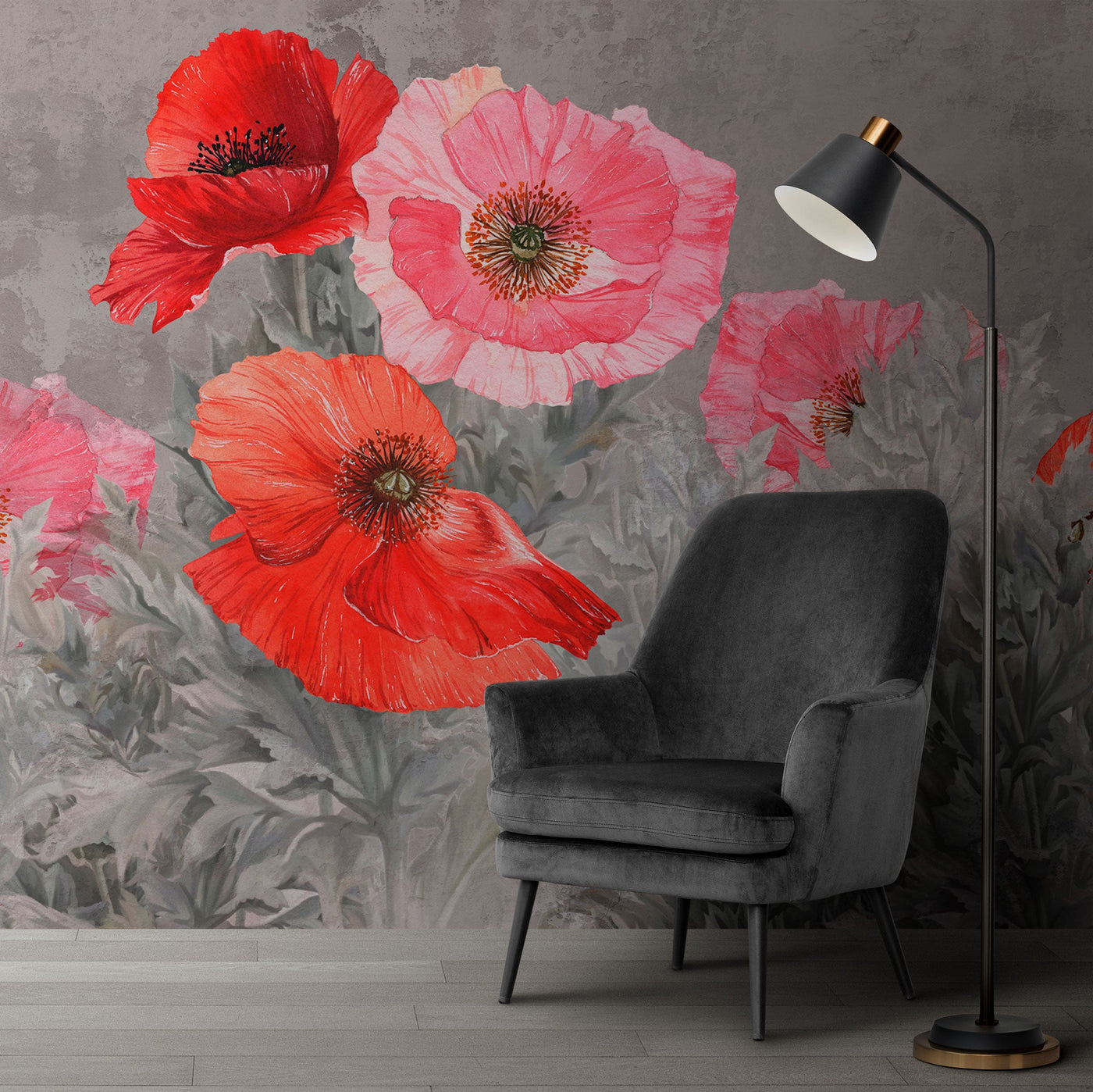 fototapet-personalizat-floral-cu-floare-de-mac-pe-perete-texturat-concrete-poppy-bloom