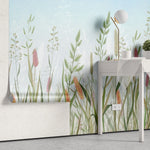 Tapet personalizat floral cu flori de camp si cer albastru serenity flower field