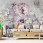 Tapet personalizat floral cu bujori rozalii pe un fundal de perete de beton concrete pink peony