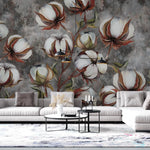 Tapet personalizat floral cu flori de bumbac pe un fundal inchis de beton concrete cotton flowers