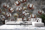 Tapet personalizat floral cu flori de bumbac pe un fundal inchis de beton concrete cotton flowers