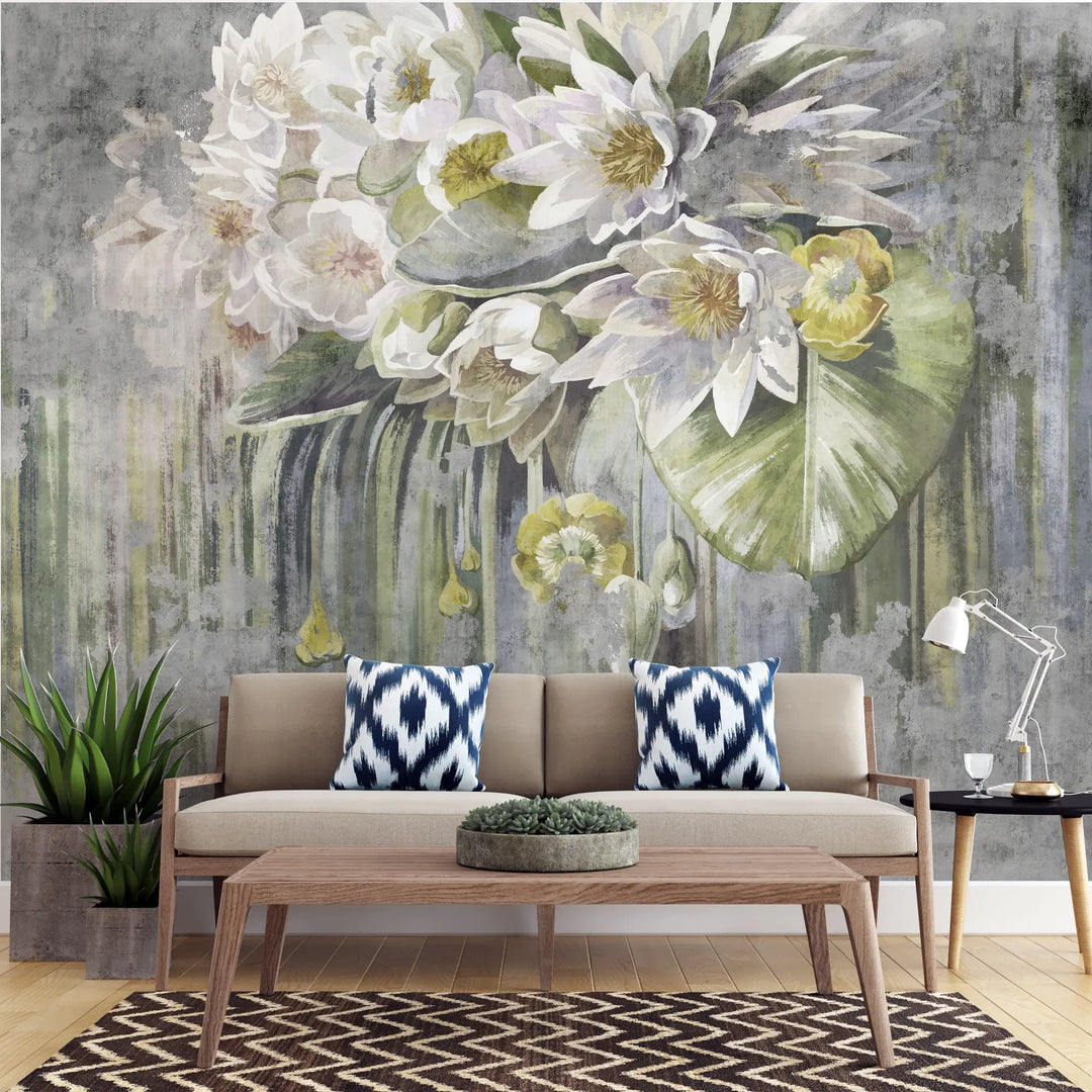 Fototapet personalizat floral cu flori de lotus pe un fundal de beton texturat concrete lotus