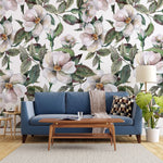 Tapet personalizat floral cu trandafiri salbatici pe fundal alb wild roses light