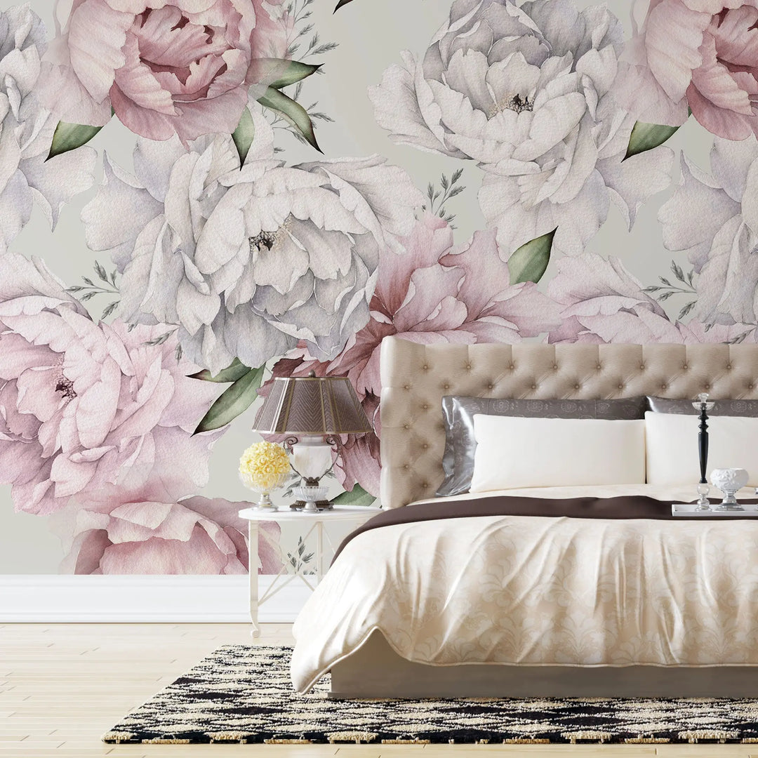 Tapet personalizat floral cu bujori in nuante de roz pe fundal alb light pink peonies