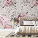 Tapet personalizat floral cu bujori in nuante de roz pe fundal alb light pink peonies