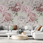 Tapet personalizat floral cu bujori in nuante de roz pe fundal alb light pink peonies